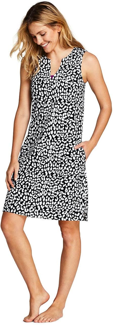 Lands' End Womens Cotton Jersey Sleeveless Cover-up Dress Black Snow Leopard Regular X-Small at 