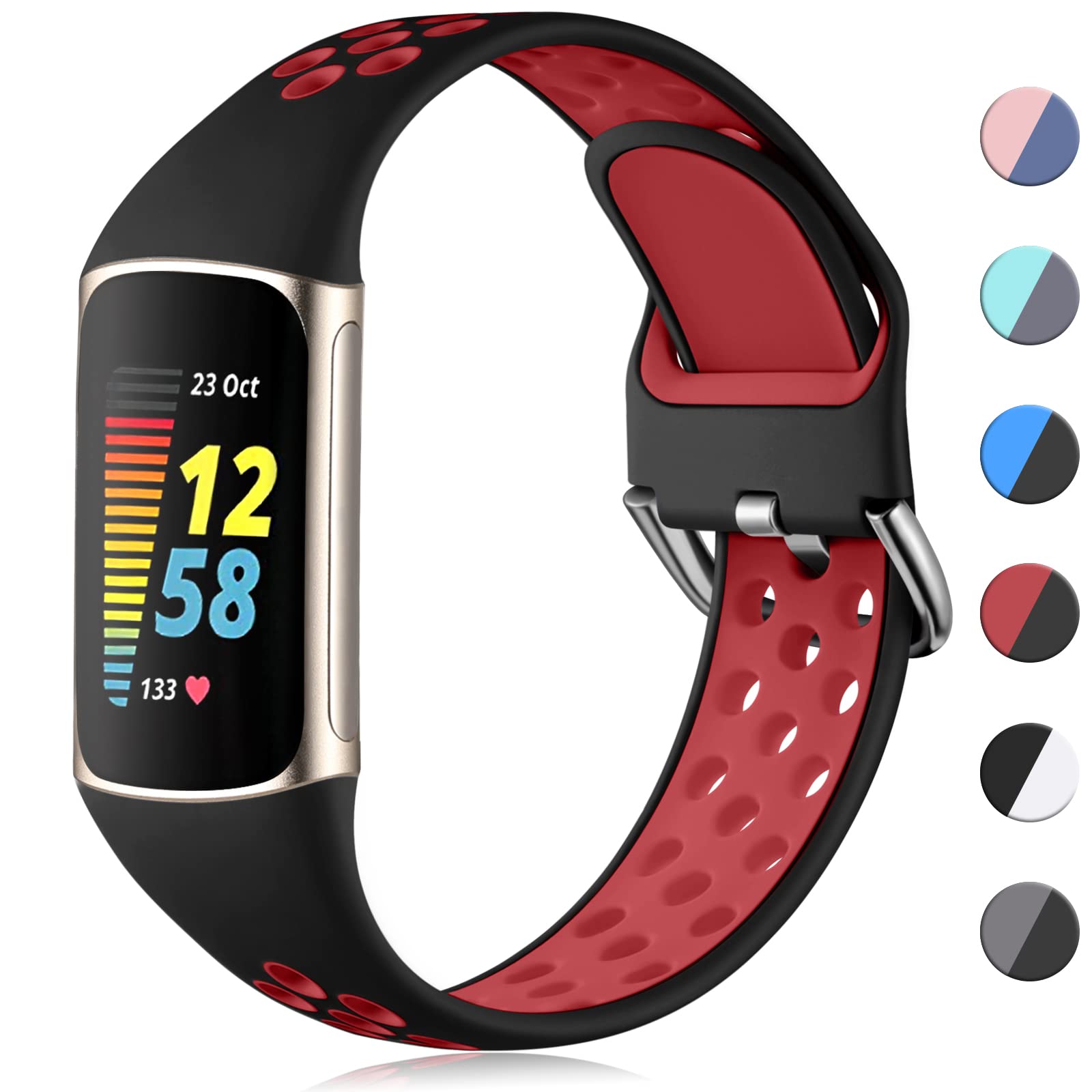 CeMiKa Sport Silicone Strap Compatible with Fitbit Charge 5/6, Waterproof Soft Adjustable Breathable Bands, Small/Large — image 1