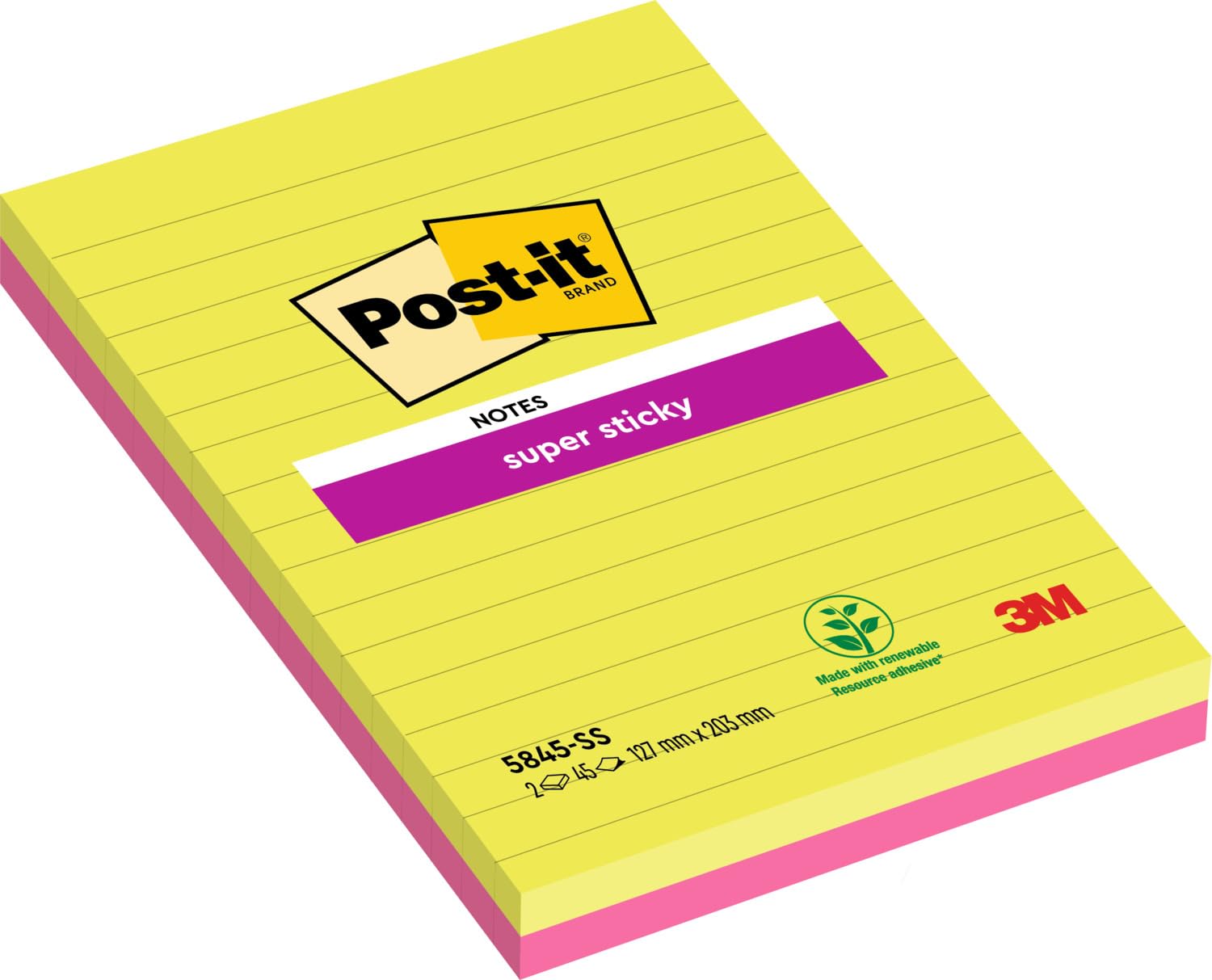 Post-it Super Sticky Large Notes, Lined, 90 Sheets, Pack of 2 Pads, 127 mm x 203 mm - Holds Strong to Many Surfaces - Pink, Green - for Walls, Monitors and Fridge, Recycable
