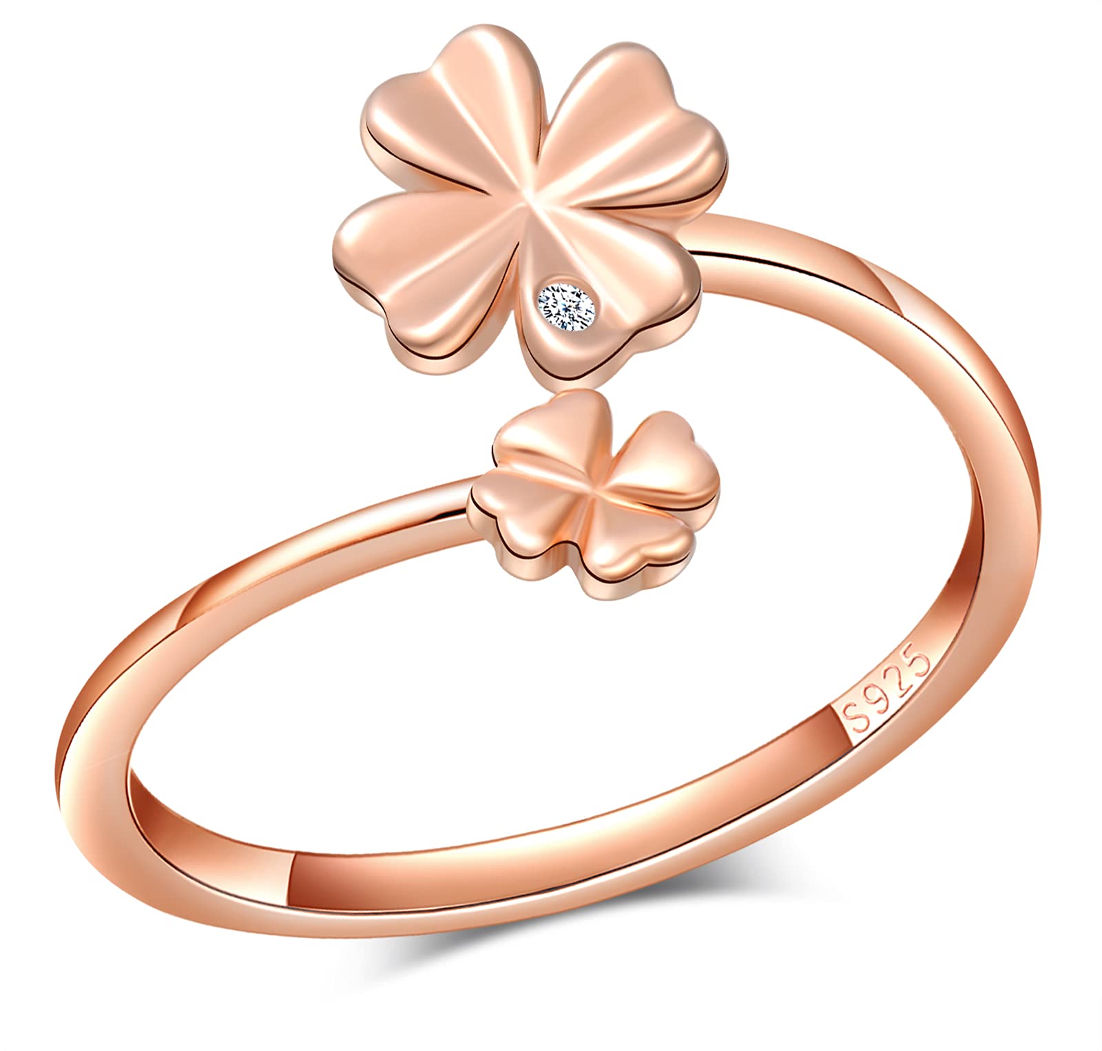 MicVivien Lucky Four Leaf Clover Open Adjustable Rings, Sterling Silver 925 Rings for Women, Rose Gold Irish Shamrock Rings Jewellery
