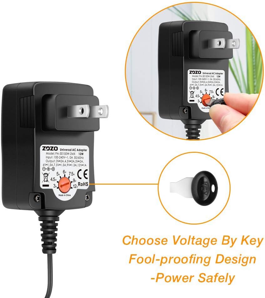 Universal AC Adapter, ZOZO 12W 3V 4.5V 5V 6V 7.5V 9V 12V Regulated Multi Voltage Switching Replacement Power Supply for Household Electronics Routers Speakers CCTV Cameras Smart Phone USB: Camera & Photo