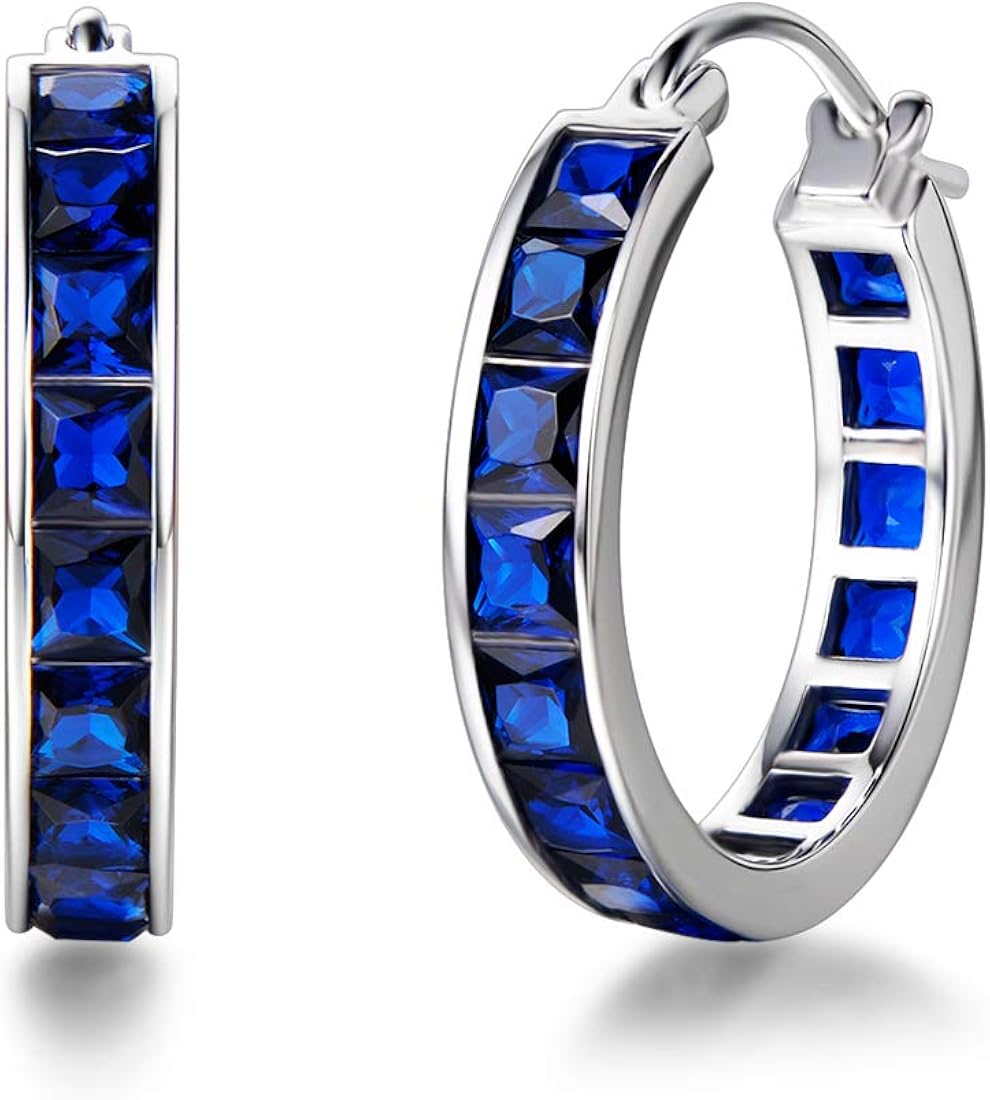 FANCIME White Gold Plated 925 Sterling Silver Princess Cut Blue/Green Created Sapphire Emerald Small Medium Huggie Hoop Earrings Dainty Fashion Jewelry For Women, 22mm