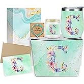 Personalized Gifts Monogrammed Birthday Gifts for Women, Cowerker Bride Wife Sister Wedding Christmas Initial Wine Tumbler Makeup Bag Scented Candle Bracelet Set, (Aesthetic Green Flower C)