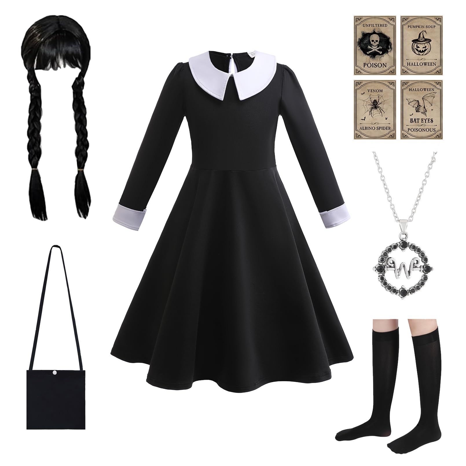Photo 1 of Halloween Costume Girls Cosplay Dress Kid Teen Black Outfit With Wig Bag Earrings Socks Cosplay Party Dress