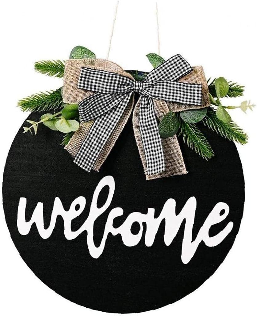 Front Door Welcome Sign Farmhouse Porch Hanging Welcome Sign Rustic Round Wood Plaque Decoration with Bow: Kitchen & Dining