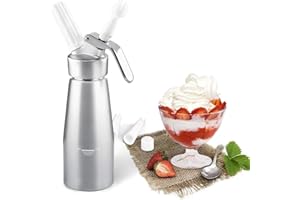 ZOEMO Profesional Whipped Cream Dispenser - Ugraded Full Metal Cream Whipper Canister, w/Durable Metal Body & Head with 3 Decorating Tips (Professional Silver 250 ML)