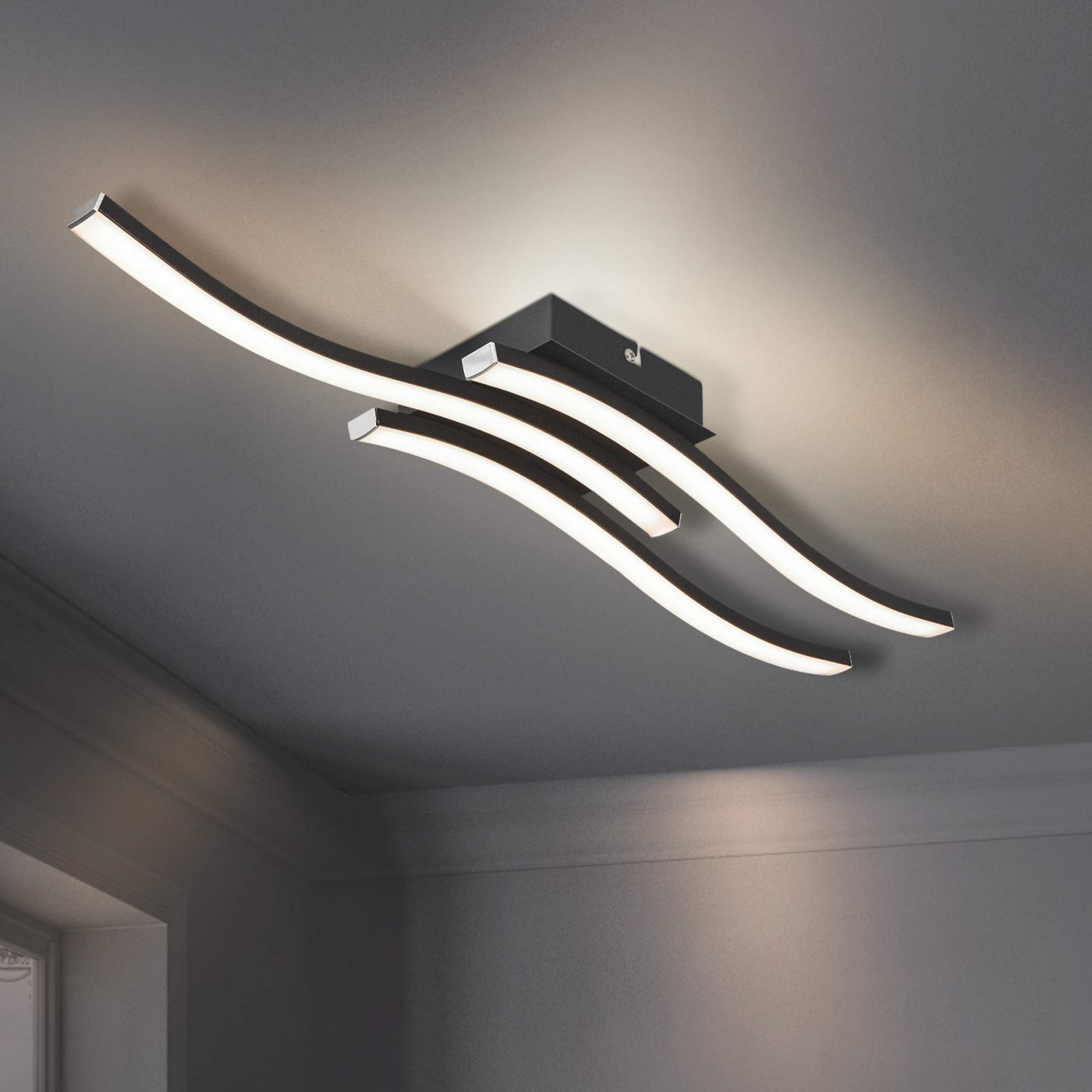 HUOKU Curved LED Ceiling Light 3 LED Boards 3000K Warm White Ceiling Light Fitting 18W 1610Lm Modern Design Flush Ceiling Light for Bedroom, Living Room Hallway & Kitchen Blushed Black