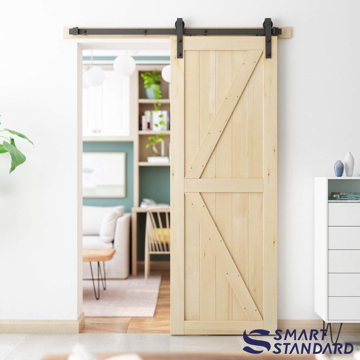 SmartStandard 30in x 84in Sliding Barn Wood Door Pre-Drilled Ready to Assemble, DIY Unfinished Solid Cypress Wood Panelled Slab, Interior Single Door Only, Natural, K-Frame