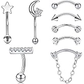 FECTAS 16G 8PCS Rook Piercing Jewelry Eyebrow Rings for Women Rook Earrings Tragus Daith Cartilage Lip Belly Surface Curved Barbell Piercing Jewelry 10mm 8mm