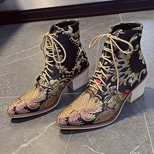 TnaIolral Women Suede Boots Square Heel Embroidery Boots Lace-Up Pointed Toe Shoes (US:8, Black)