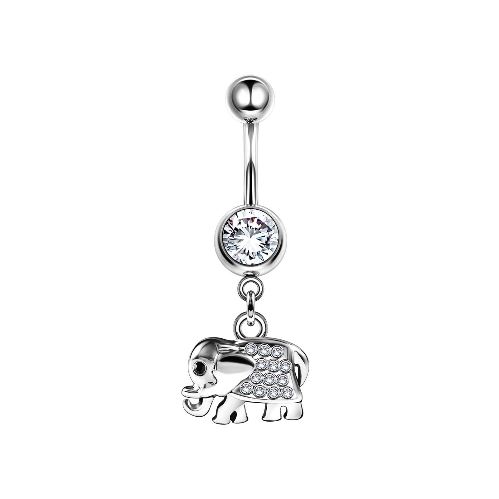 BanaVega Stainless Steel Danging Belly Piercing Ring Elephant 16g 3/8 10mm 8mm Clear Crystal Ball Earrings Piercing Jewellery 5138
