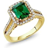 Gem Stone King 18K Yellow Gold Plated Silver Emerald Cut 9X7MM Gemstone Birthstone Wedding Anniversary Promise Engagement Ring For Women | Available In Size 5, 6, 7, 8, 9