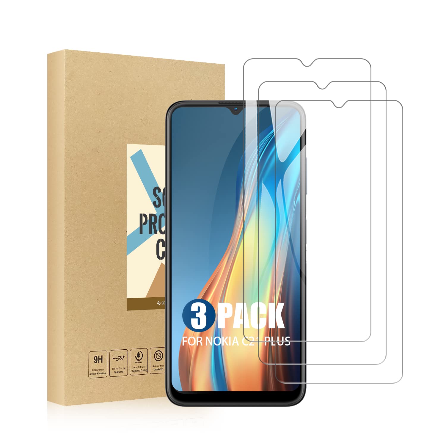 SCL Screen Protector Compatible with Nokia C21 Plus Screen Protector Nokia C21 Plus Tempered Glass Film [3-Pack], [Easy Installation, Case Friendly, Bubble-free, 9H]