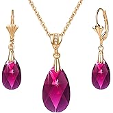 EVEVIC Austrian Crystals Teardrop Pendant Necklace Earrings for Women 14K Gold Plated Hypoallergenic Leverback Drop Dangle Earrings Jewelry Set
