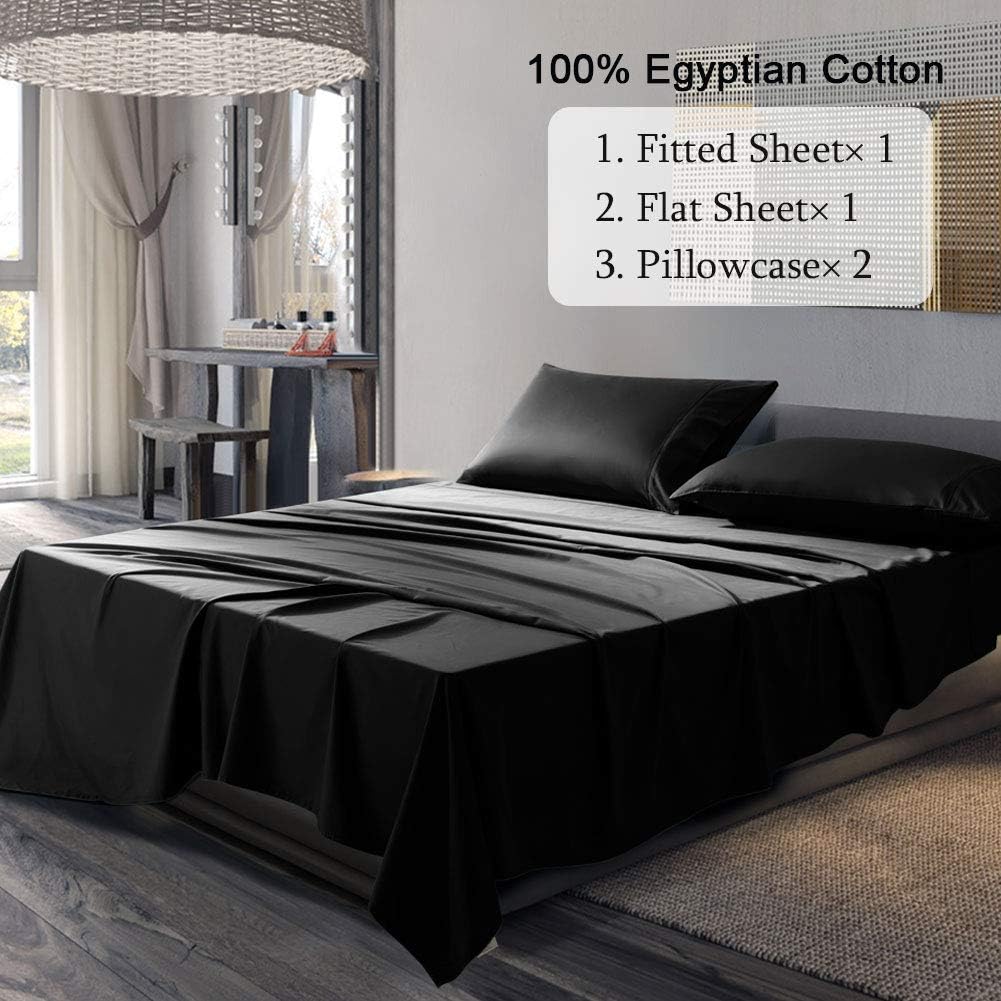SONORO KATE 100% Pure Egyptian Cotton Sheets Sets,Cooling Bed Sheets 600 Thread Count Long Staple Cotton,Sateen Weave for Soft and Silky Feel, Fits Mattress 16'' Deep Pocket (Black, Full): Home & Kitchen