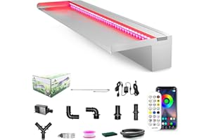 LONGRUN Stainless Steel Waterfall Spillway, APP Control Multi-Color LED Light Outdoor Pool Fountain, Water Spillway Koi Pond Waterfalls Fountains Kit for Garden Patio Swimming Pool Decoration-35.4"