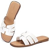 Lookyno Flat Sandals for Women 2025 Dressy Summer Leather Slides with Square Open Toe, White, 6.5