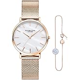 VICTORIA HYDE Rose Gold Watches for Women Analog Quartz Stainless Steel Mesh Band Casual Ladies Wristwatch with Bracelet Sets