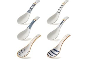 Ceramic Asian Soup Spoons Set of 6 - Japanese Ramen Soup Spoons Porcelain Chinese for Ramen Noodles Udon Pho Rice Gravy (Styl