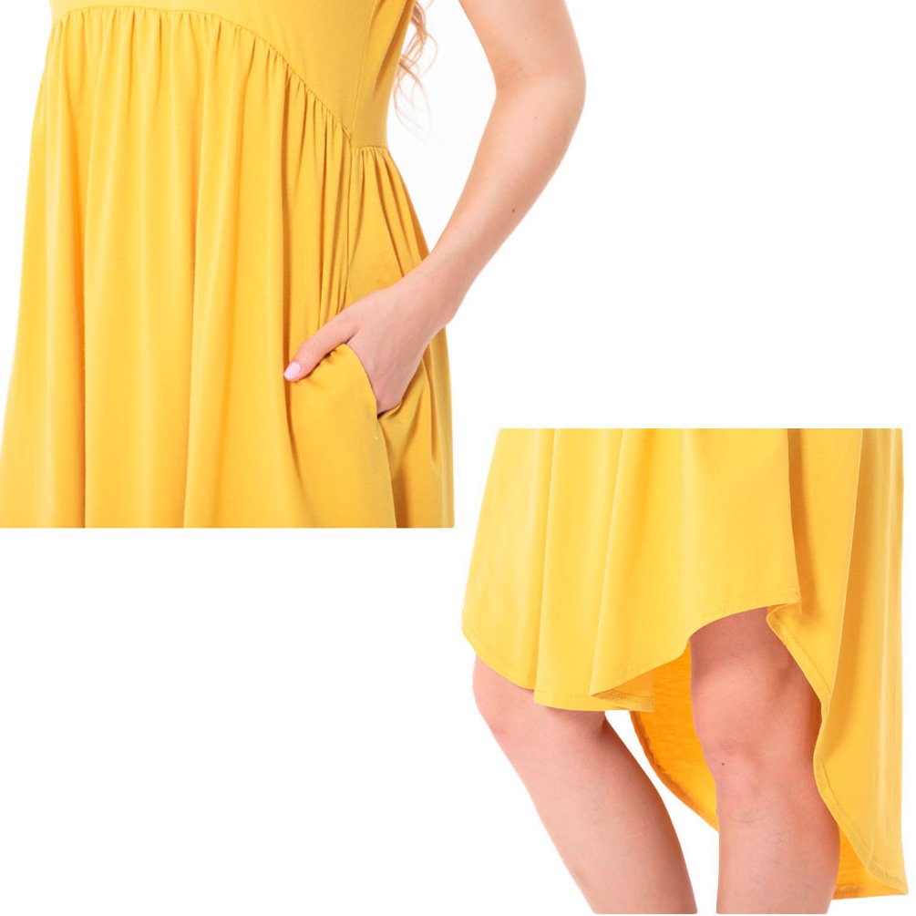 ENJOYNIGHT Women's Casual Summer Short Sleeve High Low Pleated Swing Loose Flared Midi Dress (Large, Yellow)