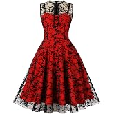 Women Mesh Floral Embroidery Vintage Cocktail Swing Dress Illusion 50s Goth Flared A line Casual Wedding Prom Evening Dress