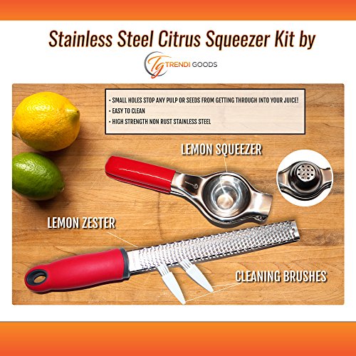Lemon Zester Nutmeg Grater Lemon Lime Squeezer Stainless Steel Kit by Trendi Goods No Pulp No Seeds Dishwasher Safe Non Slip Handles Razor Sharp Zester