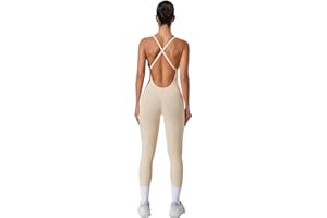 REYU Women Strappy Backless One Piece Jumpsuit Tummy Control Yoga Unitard Sleeveless Padded Bra Workout Romper