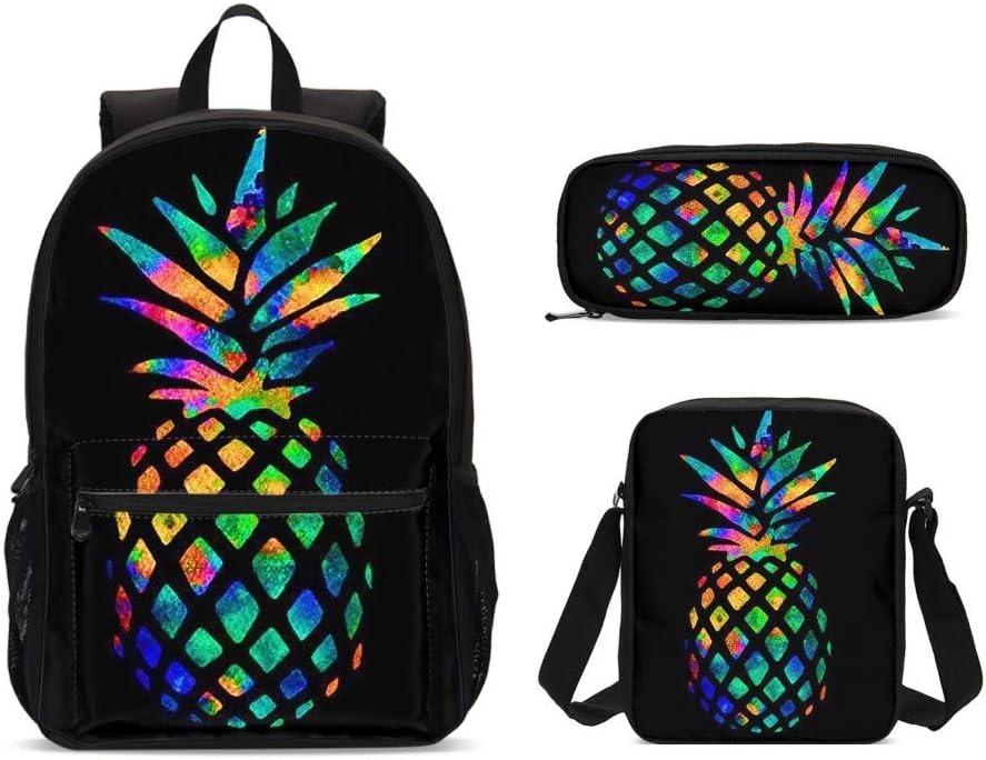 PrelerDIY Colorful Pineapple Backpack Set 3 Piece 17 Inch Plus Book Bag Shoulder Bag Pencil Case for Boys Girls 1-6th Grade Kids Back to School