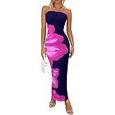 PRETTYGARDEN Women Summer Strapless Maxi Dress Bodycon Floral Sexy Long Wedding Guest Dress Formal Tube Mesh Cocktail Dresses
