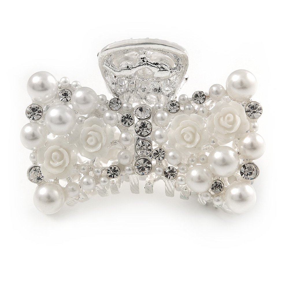 Small Bridal/Prom/Wedding Acrylic Flower, Faux Pearl Bead Crystal Bow Hair Claw In Silver Tone Metal - 60mm Across
