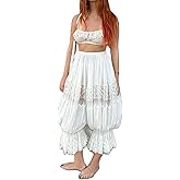 Women Retro Pajama Bottoms Solid Color High Waist Hollow Out Lace Floral Bloomer Pants Ruffle Sheer Slip Pants