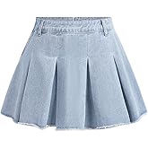 BEAUDRM Girl's Y2K Solid High Waist Raw Hem Pleated Skirt Casual Regular Fit Mini Denim Skirt
