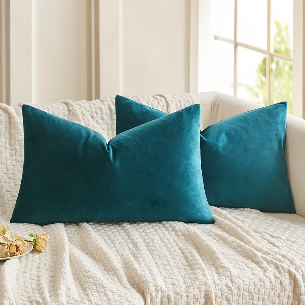 Photo 1 of MIULEE Pack of 2 Teal Velvet Throw Pillow Covers 12x20 Inch Soft Solid Decorative Set Lumbar Cushion Cases for Spring Couch Sofa Bedroom