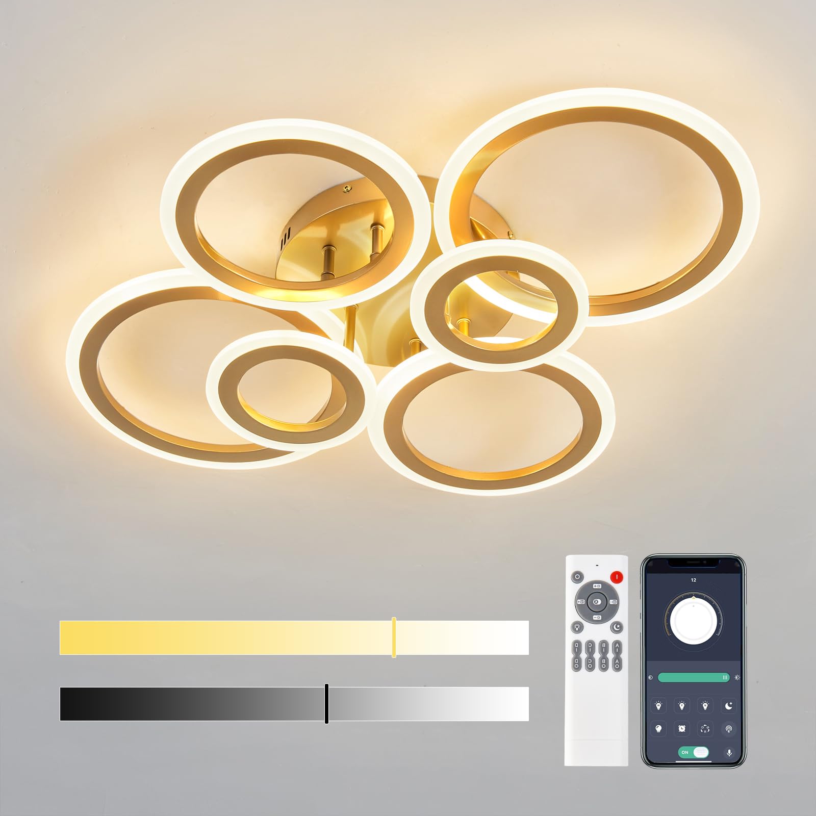Photo 1 of TUOKJSA Modern LED Ceiling Light Fixture with Remote Control 50W Dimmable Gold Flush Mount Chandelier 3000K-6500K Ceiling Lamp for Living Room Bedroom Kitchen Dining Room Black 6 Rings