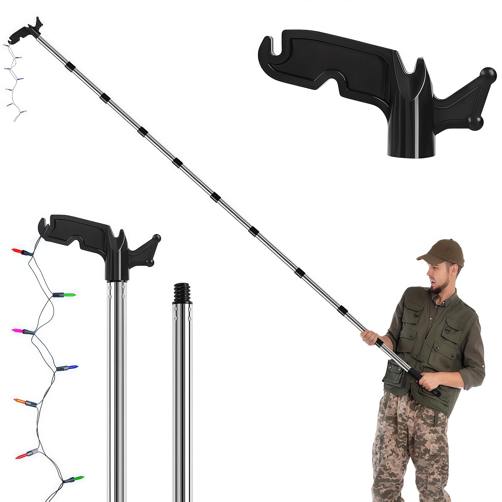 Photo 1 of 3-15 Ft Christmas Light Hanger Pole with Utility Hook, Extension Pole for Hanging Christmas Lights Outdoor String Lights Birdfeeders, Christmas Light Pole Hanger Tool, Splicing Rod Kit without Ladder