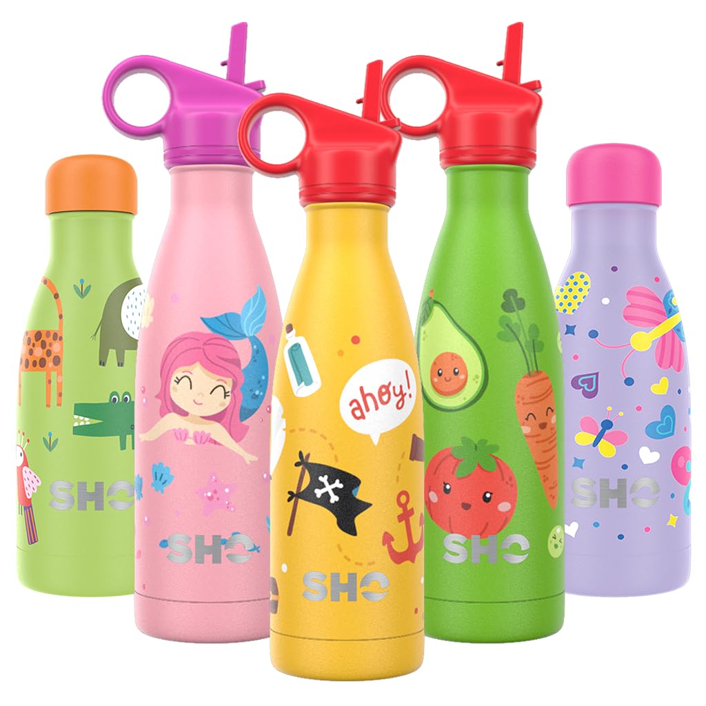 SHO Kids Bottle - Ultimate Insulated, Double Walled Stainless Steel Vacuum Flask & Water Bottle - 12 Hours Hot & 24 Hours Cold - 260ml, 375ml - BPA Free (Ahoy Adventure with Straw Lid, 375ml) — image 1