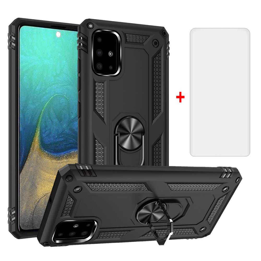 Phone Case for Samsung Galaxy A71 and Tempered Glass Screen Protector Cover With Stand Ring Holder Kickstand Accessories Heavy Duty Rugged Protective Shockproof Hard Bumper SM-A715F 71A A 71 Black