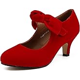 LIURUIJIA Women's Bow Heels Mary Jane Kitten Heel Pumps Round Toe Low Heels Ankle Strap Wedding Evening Party Dress Shoes