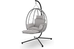 Slendor Egg Chair with Stand & Leg Rest, Rattan Wicker Swing Chair with UV Resistant Cushion and Pillow, for Indoor Outdoor Bedroom Patio Hanging Basket Chair 370lbs Capacity