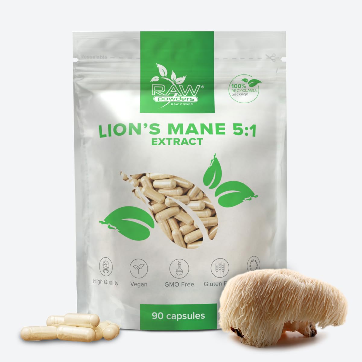 Lion's Mane 5:1 Extract 500mg, 90 Caps – Cognitive & Nerve Support – Pure Ingredients, GMO & Gluten Free – GMP Certified Brain Health Supplement by Raw Powders