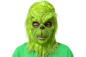 WPOZD Deluxe Christmas Mask with Santa Hat, Green Plush Fur, Holiday Costume Accessory