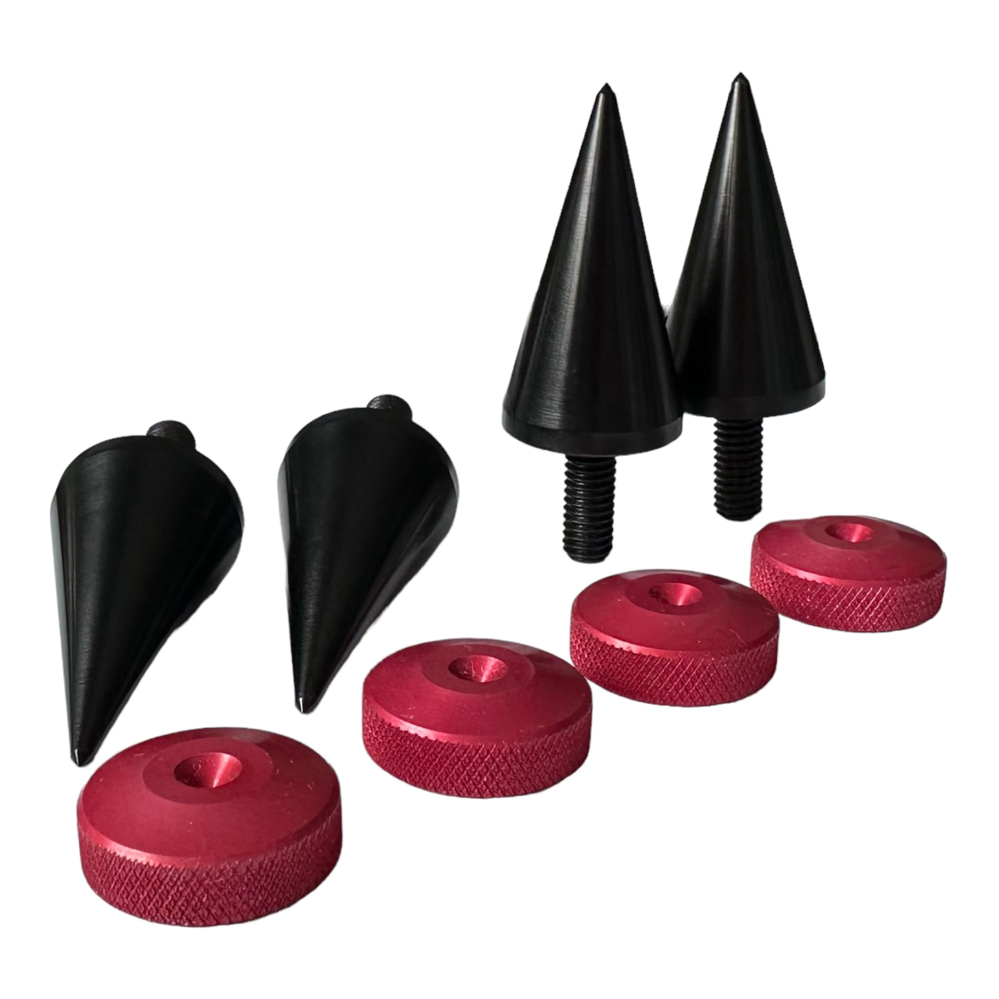M8 Speaker Spikes and Pads Set – Ø20×37mm Aluminium Spikes + Ø20×7mm Pads – Black & Red – Vibration Isolation Feet for Speakers, HiFi Stands, Turntables & Cabinets – PrecisionGeek — image 1