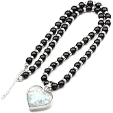 ElisaJewelryArt - Women's Natural Heart Aquamarine Pendant Necklace Black Onyx Beaded Necklace Genuine Gemstone Relaxation Stone Clasp Closure Hematite Necklace Unisex Necklace