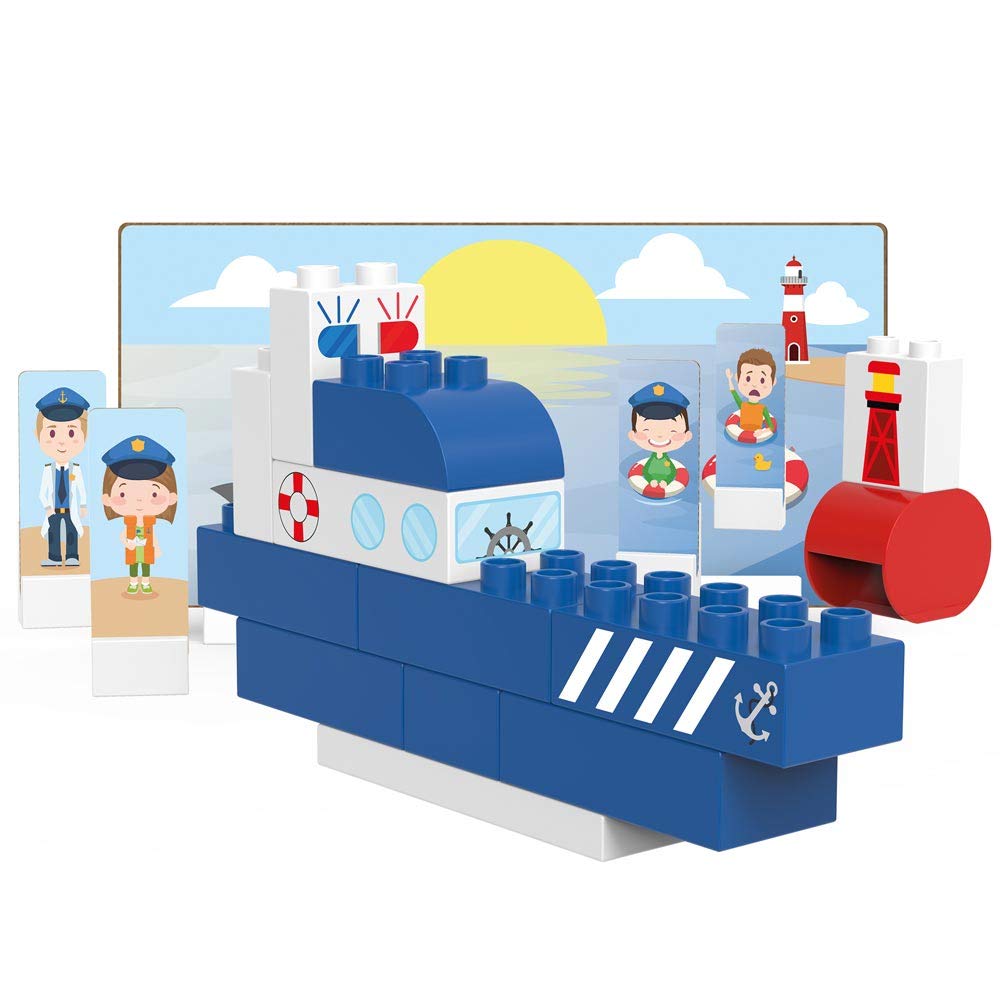 BIOBUDDI BUILDING BLOCKS - POLICE BOAT PLAY SET, 19 BLOCKS, 9 PUSH-OUT CARDS