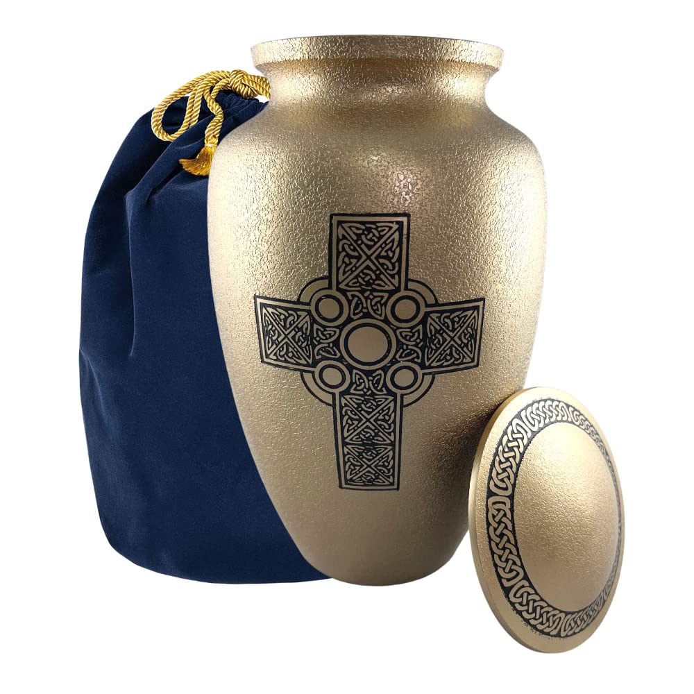 CrownLighting Urn For Ashes Adult Large Beautiful Gold Celtic Design Full Size Cremation Urn For Funerals, Memorials With Complimentary Velvet Pouch