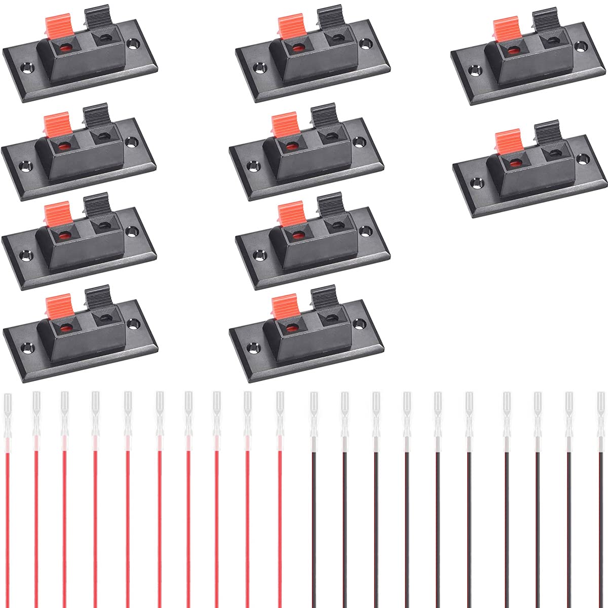 Youmile 10pcs 2-Way Stereo Speaker Terminal Block, Spring Loaded, Red & Black, Plastic & Metal, Panel Mount, 45x21mm