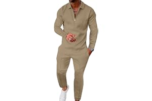 UOUA Mens 2 Piece Set Casual Outfits Polo Long Sleeve Shirt & Pants Tracksuit Loungewear Athletic Jogger Sweatsuit