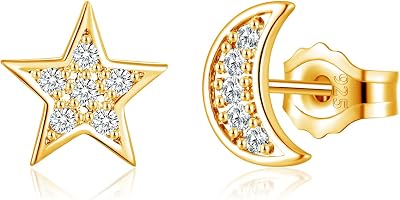 Brincos de prata para mulheres, prata esterlina 925, hipoalergénicos, em forma de coração, estrela, lua, com zircónia, brincos modernos de cartilagem de 8mm com caixa de presente