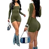 Goafuliy Bodycon Jumpsuits for Women Sexy Long Sleeve Backless Romper Bodysuit Scoop Neck One Piece Outfits