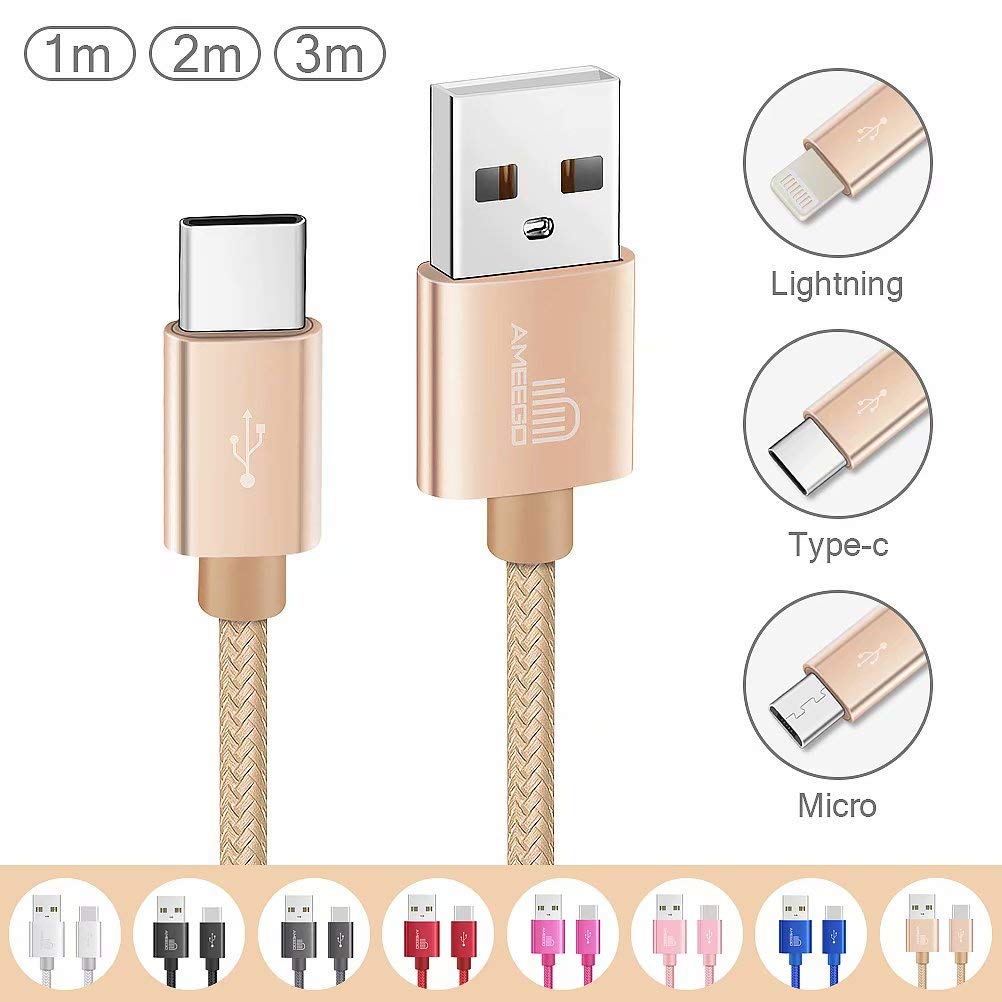 ameego [3Pack 1m+2m+3m] 3.1A High Speed strong Nylon Braided USB C 3.1 Type-C Data Sync Charging Reversible Charge Cable for mobile phones, Nintendo Switch all Type-C Devices (Gold)